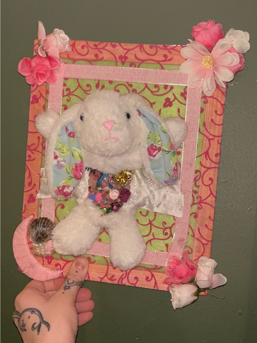 Pink Floral Bunny Plush Wall Art - handmade :by me
